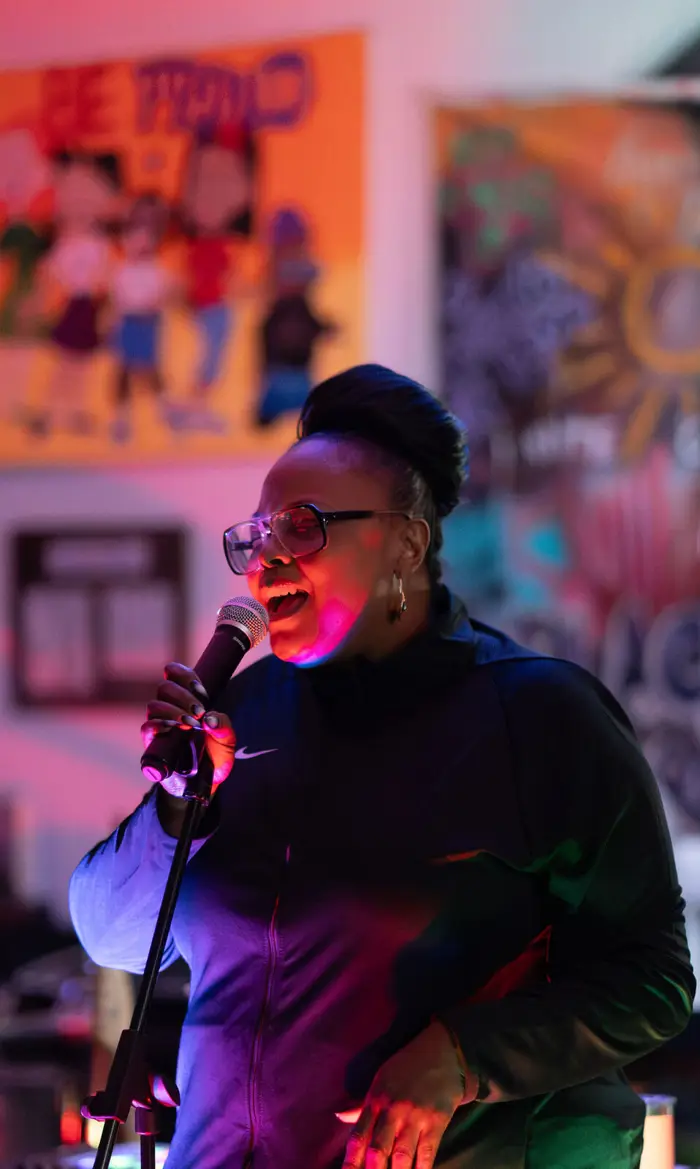 Vocalist singing into the microphone