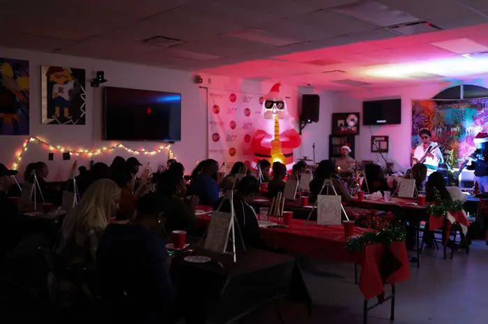 Holiday edition room glowing in red light